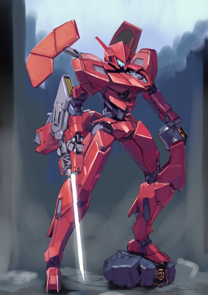 arm_blade, clenched_hand, energy_blade, glasses1255, glowing, highres, mecha, no_humans, original, robot, science_fiction, solo, unfinished, visor, weapon