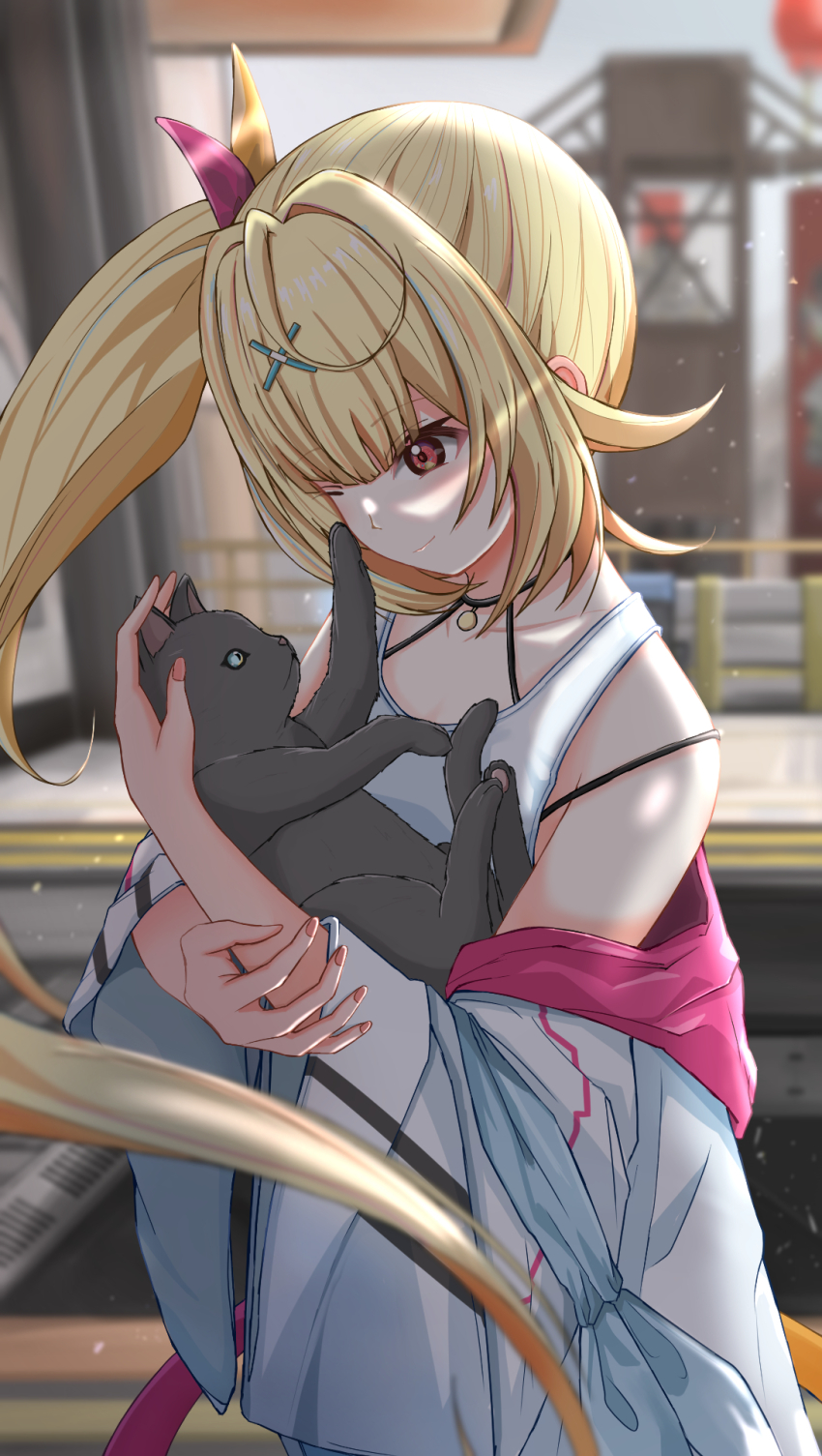 1girl, animal, apex_legends, blonde_hair, cat, collarbone, floating_hair, hair_between_eyes