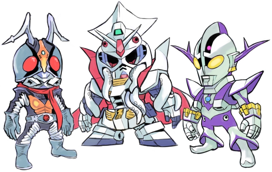 aburaya_tonbi, alien, chibi, compati_hero, crossover, fusion, gundam, ikadevil