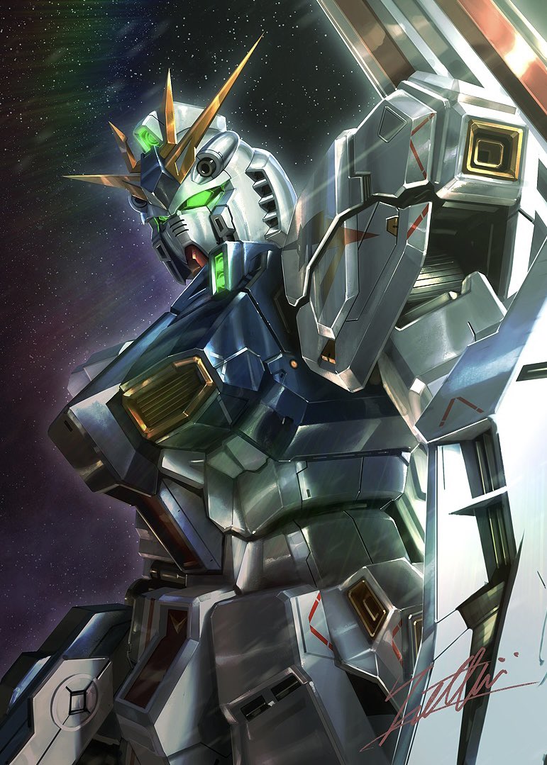 char's_counterattack, from_side, glowing, glowing_eyes, green_eyes, gundam, mecha, mobile_suit, no_humans, nu_gundam, nu_gundam_(rx-93ff), robot, science_fiction, signature, space, totthii0081, v-fin