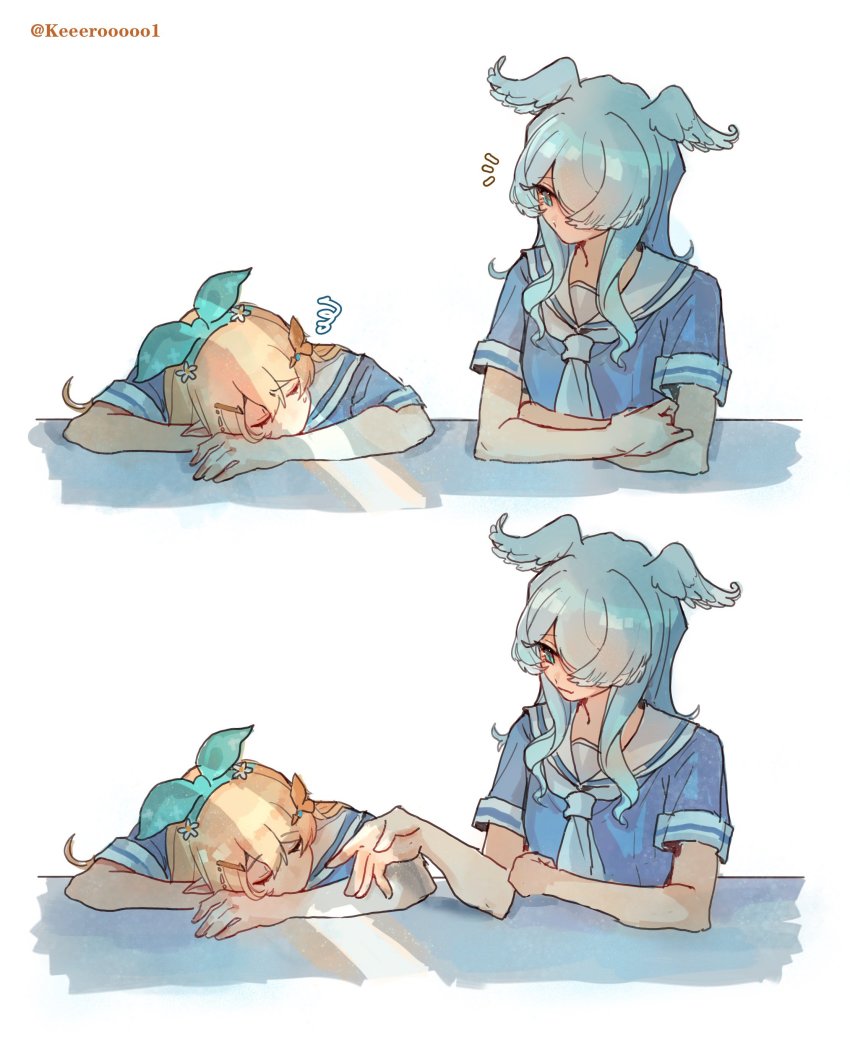 2girls, absurdres, blue_eyes, blue_hair, blue_neckerchief, blue_serafuku, chinese_commentary, closed_eyes