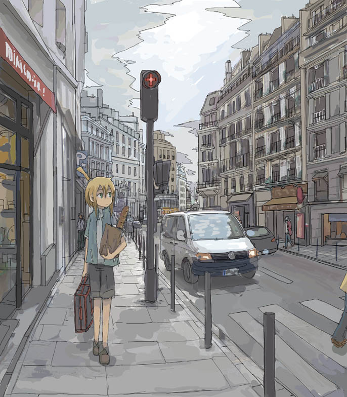 1girl, bag, blonde_hair, building, car, city, cloud, crosswalk, day, female_focus, green_eyes, high_ponytail, iris_(material_sniper), jacket, material_sniper, motor_vehicle, noji, outdoors, pavement, ponytail, road, shopping_bag, short_hair, short_ponytail, shorts, sky, sleeves_rolled_up, slice_of_life, solo, street, tommy_(chou_shindou_boots), traffic_light, van, vanishing_point, volkswagen, volkswagen_transporter, volkswagen_type_2_(transporter)
