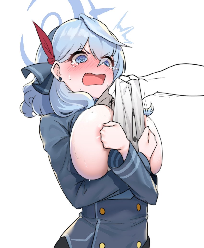 1girl, @_@, ako_(blue_archive), blue_archive, blue_eyes, blue_hair, blush, breasts, clothes_pull, covering_privates, covering_breasts, embarrassed, hair_between_eyes, hair_ribbon, hairband, halo, highres, jacket, large_breasts, long_sleeves, open_mouth, out_of_frame, ribbon, shirt_pull, sideboob, tearing_up, tscplayer