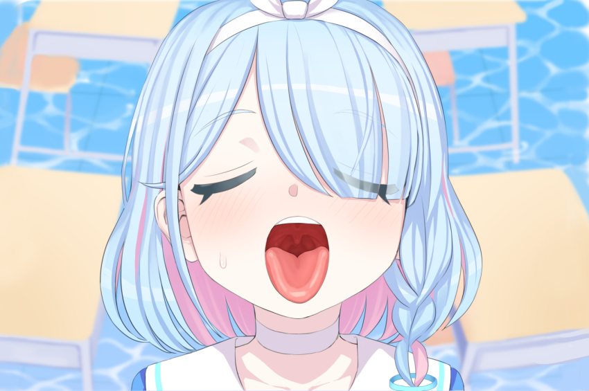 1girl, aqua_hair, arona_(blue_archive), blue_archive, blurry, blurry_background, blush, braid, chair, choker, closed_eyes, collarbone, depth_of_field, desk, ears, hair_over_one_eye, hairband, kumadano, mouth_focus, multicolored_hair, nose, open_mouth, oral_invitation, pink_hair, sailor_collar, school_chair, school_desk, school_uniform, serafuku, side_braid, solo, sweat, sweatdrop, table, tablet_pc, teeth, tongue, tongue_out, upper_body, upper_teeth_only, uvula, waiting_for_cum, water, white_choker, white_sailor_collar