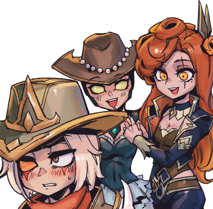 1boy, 2girls, black_jacket, breasts, cassiopeia_(league_of_legends), cleavage, desperada_cassiopeia, hand_up, high_noon_katarina, high_noon_talon, jacket, katarina_(league_of_legends), large_breasts, league_of_legends, long_hair, mole, mole_under_eye, multicolored_background, multiple_girls, official_alternate_costume, open_clothes, open_jacket, open_mouth, orange_eyes, phantom_cross, scar, scar_across_eye, scar_on_face, shiny_clothes, slit_pupils, solo, sparkle, talon_(league_of_legends)