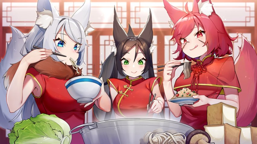 3girls, animal_ear_fluff, animal_ears, blue_eyes, blush, bok_choy, bowl, breasts