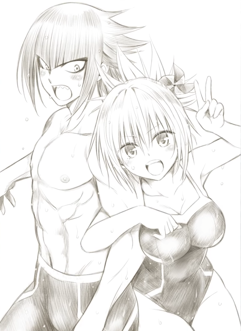 1boy, 1girl, :d, abs, arms_at_sides, ayakashi_triangle, blush, embarrassed