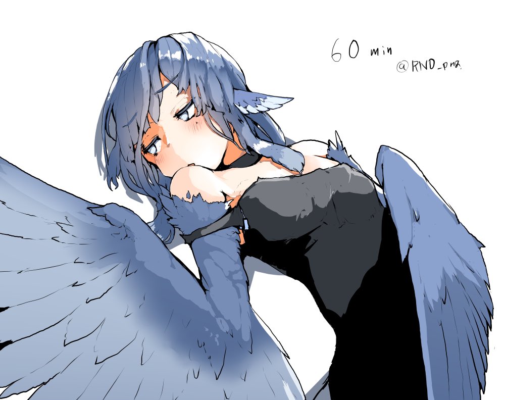 1girl, animal_ears, bare_shoulders, bird_ears, black_tank_top, blue_feathers, blue_hair, blue_wings