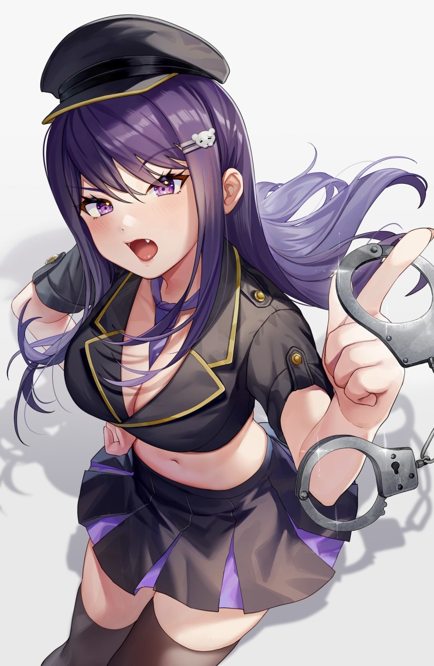 1girl, between_breasts, black_hat, black_jacket, black_skirt, black_thighhighs, blush, breasts