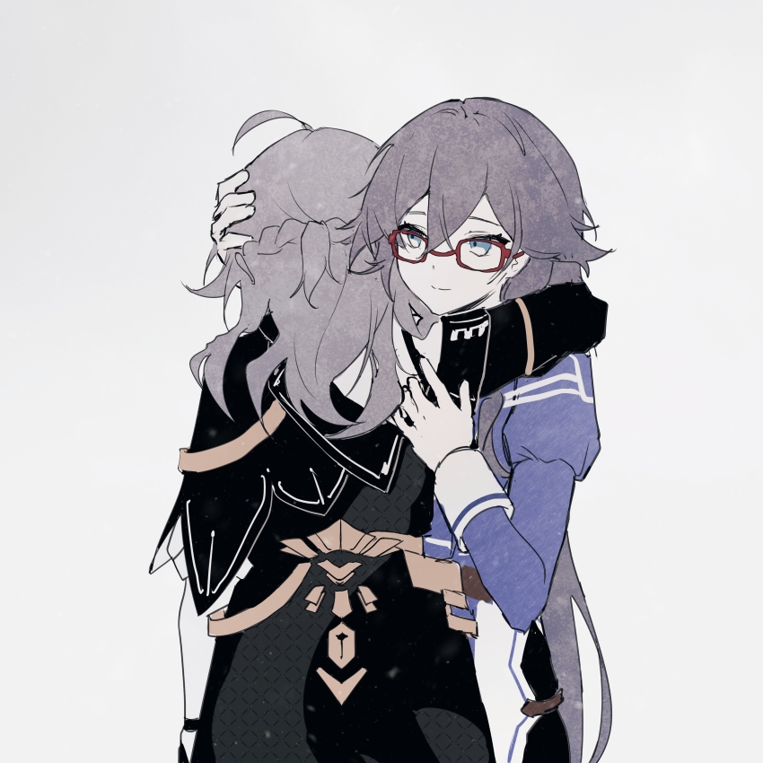 2girls, absurdres, ahoge, bad_id, bad_lofter_id, black_hair, black_jacket, blue_shirt