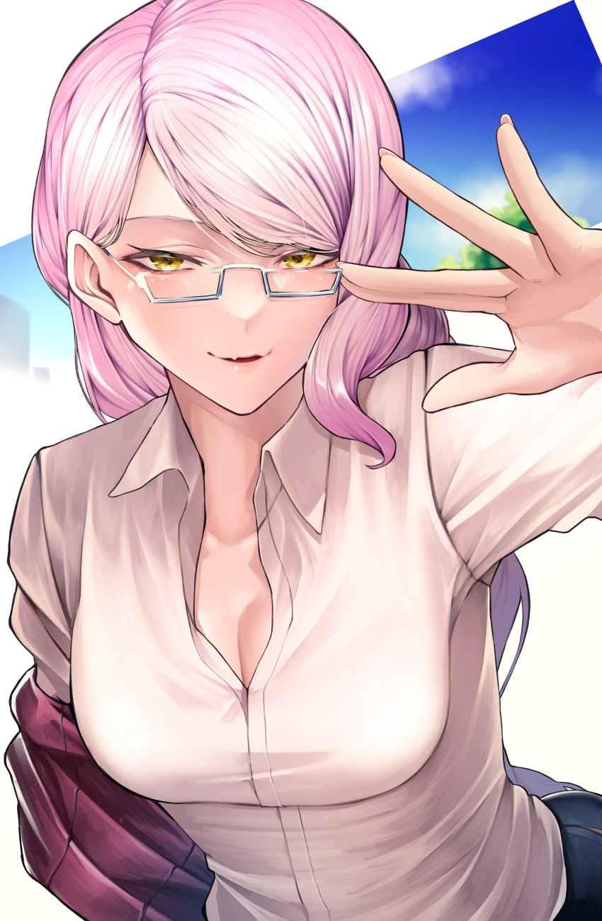 1girl, absurdres, blush, breasts, fate/grand_order, fate_(series), glasses, highres, koyanskaya_(fate), kugatunohito, large_breasts, long_hair, looking_at_viewer, pink_hair, smile, solo, yellow_eyes