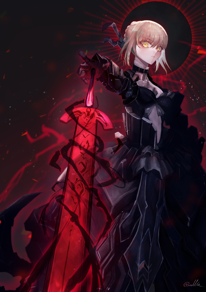 1girl, absurdres, armor, armored_dress, artoria_pendragon_(fate), belt, black_armor, black_dress