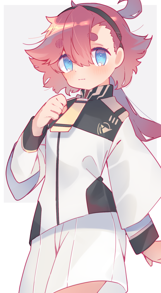 1girl, 2y_(tsuyu), ahoge, blue_eyes, blush, chibi, commentary, grey_background