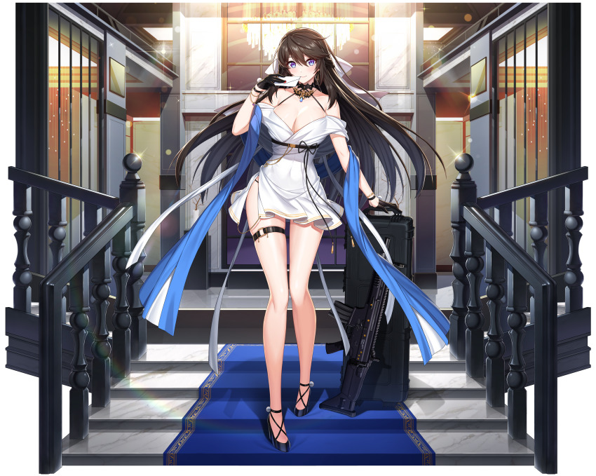 1girl, absurdres, arm_support, bangle, bare_shoulders, belt, belt_collar, black_belt