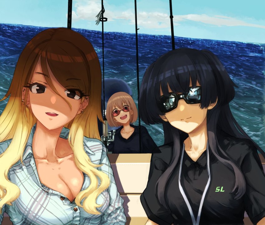 3girls, black_eyes, black_hair, blonde_hair, blue_eyes, boat, breasts, brown_hair, cleavage, collarbone, earrings, fishing, fishing_rod, gradient_hair, grey_hair, gyaru, highres, humanplushq, idol, idolmaster, idolmaster_shiny_colors, izumi_mei, jewelry, lanyard, large_breasts, long_hair, mayuzumi_fuyuko, meme, multicolored_hair, multiple_earrings, multiple_girls, on_boat, outdoors, parody, photo-referenced, selfie, serizawa_asahi, straylight_(idolmaster), sunglasses, sunlight, two_side_up, water, watercraft