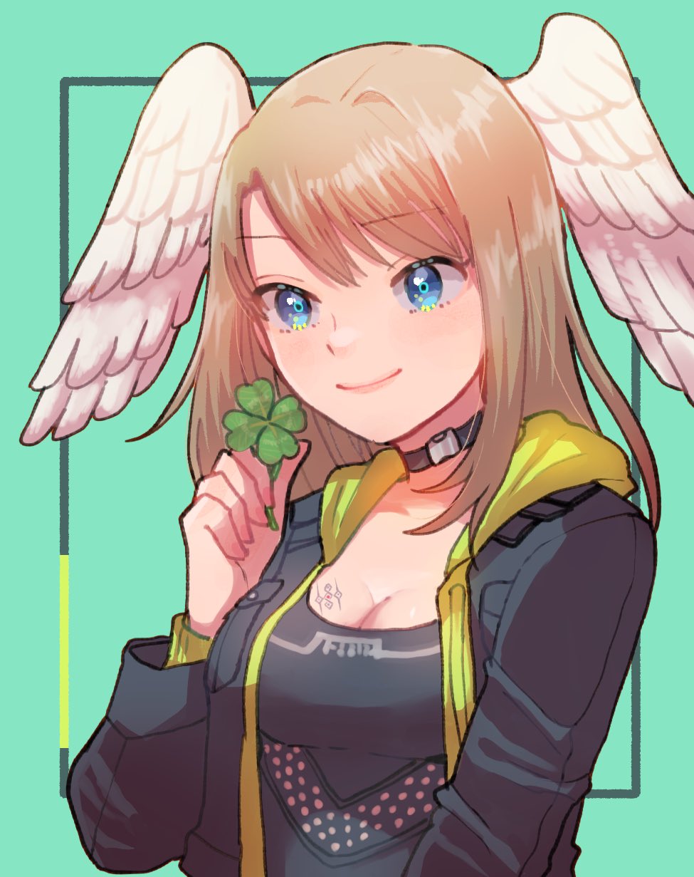 1girl, black_bodysuit, black_choker, black_jacket, blue_eyes, bodysuit, breast_tattoo, breasts