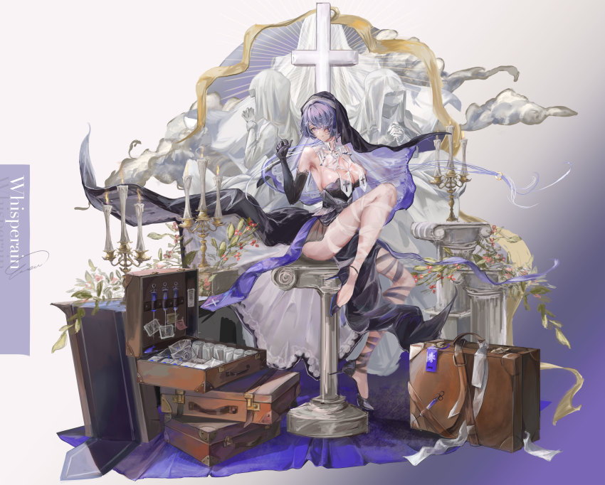 1girl, absurdres, alternate_costume, arknights, bare_shoulders, black_dress, black_footwear, black_gloves, breasts, briefcase, character_name, cleavage, cross, dress, elbow_gloves, gloves, gradient_background, grey_background, habit, hair_over_one_eye, high_heels, highres, large_breasts, looking_at_viewer, nun_headdress, purple_background, purple_eyes, purple_hair, short_hair, solo, vea_(v_ea_), whisperain_(arknights)