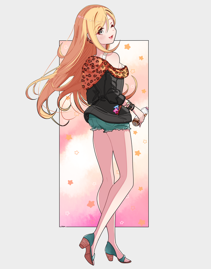 1girl, ;d, animal_print, bare_legs, black_jacket, blonde_hair, blush, bottle