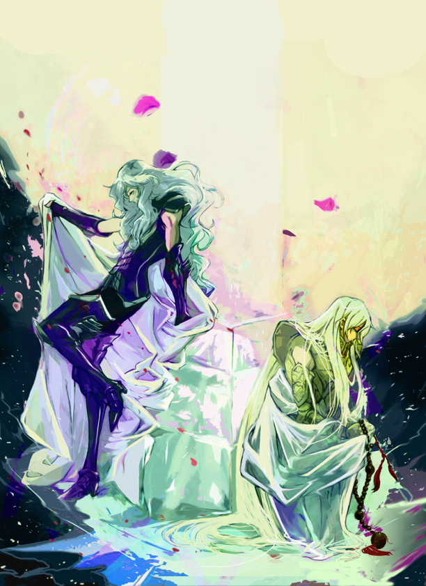 2boys, androgynous, armor, boots, full_moon, gloves, gold_armor, long_hair