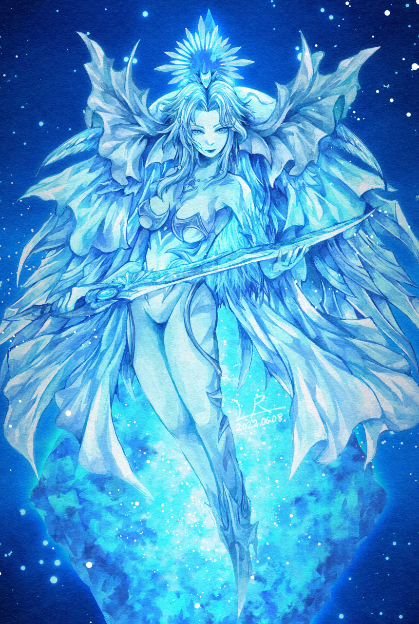 1girl, blue_background, blue_theme, breasts, cleavage, crystal, final_fantasy, final_fantasy_xiv, fins, full_body, head_fins, head_wings, highres, hydaelyn, looking_at_viewer, lunaraven, pale_skin, smile, solo, sword, tiara, weapon, white_hair, wings