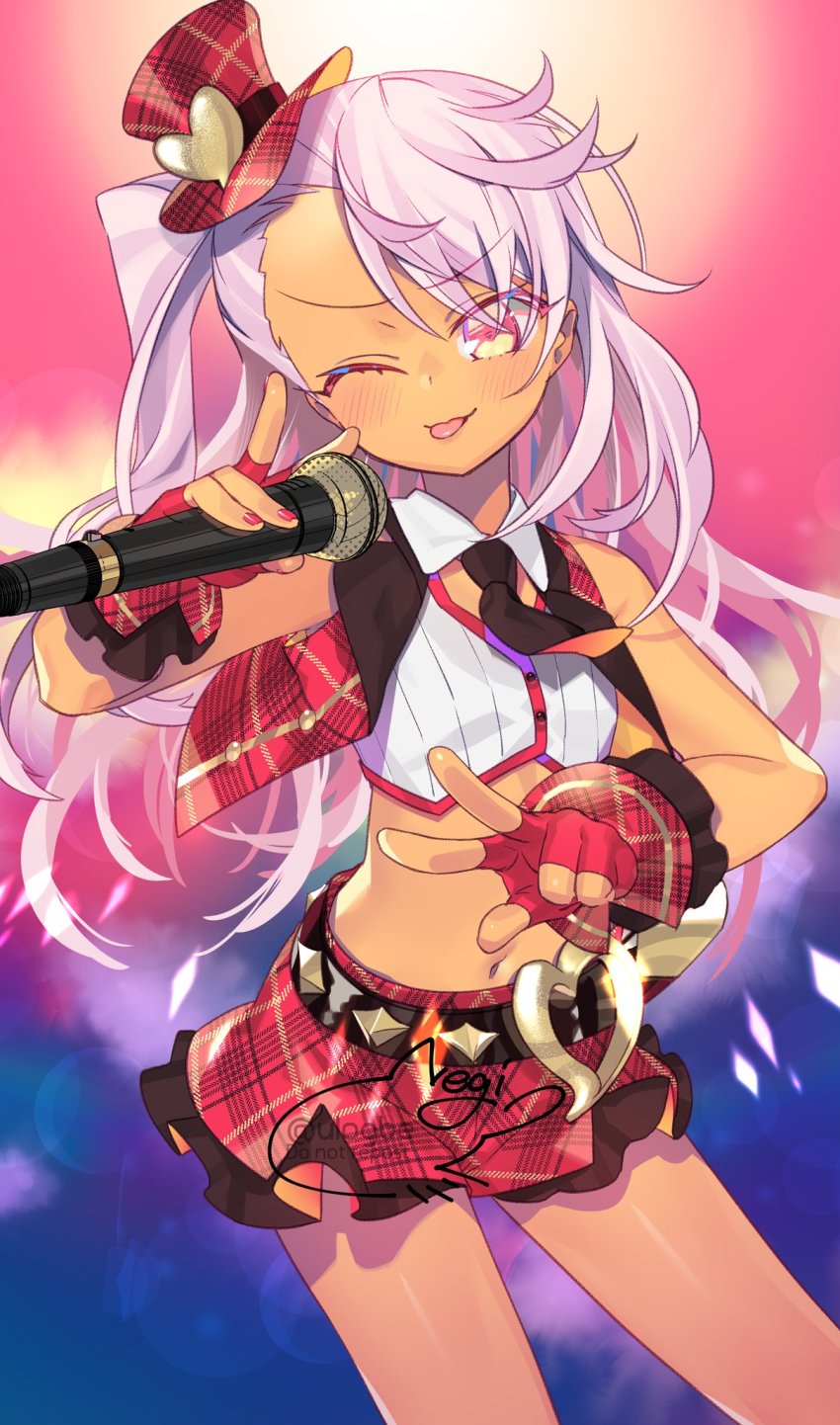 1girl, bare_shoulders, belt, blush, breasts, chloe_von_einzbern, chloe_von_einzbern_(prisma_klangfest), crop_top