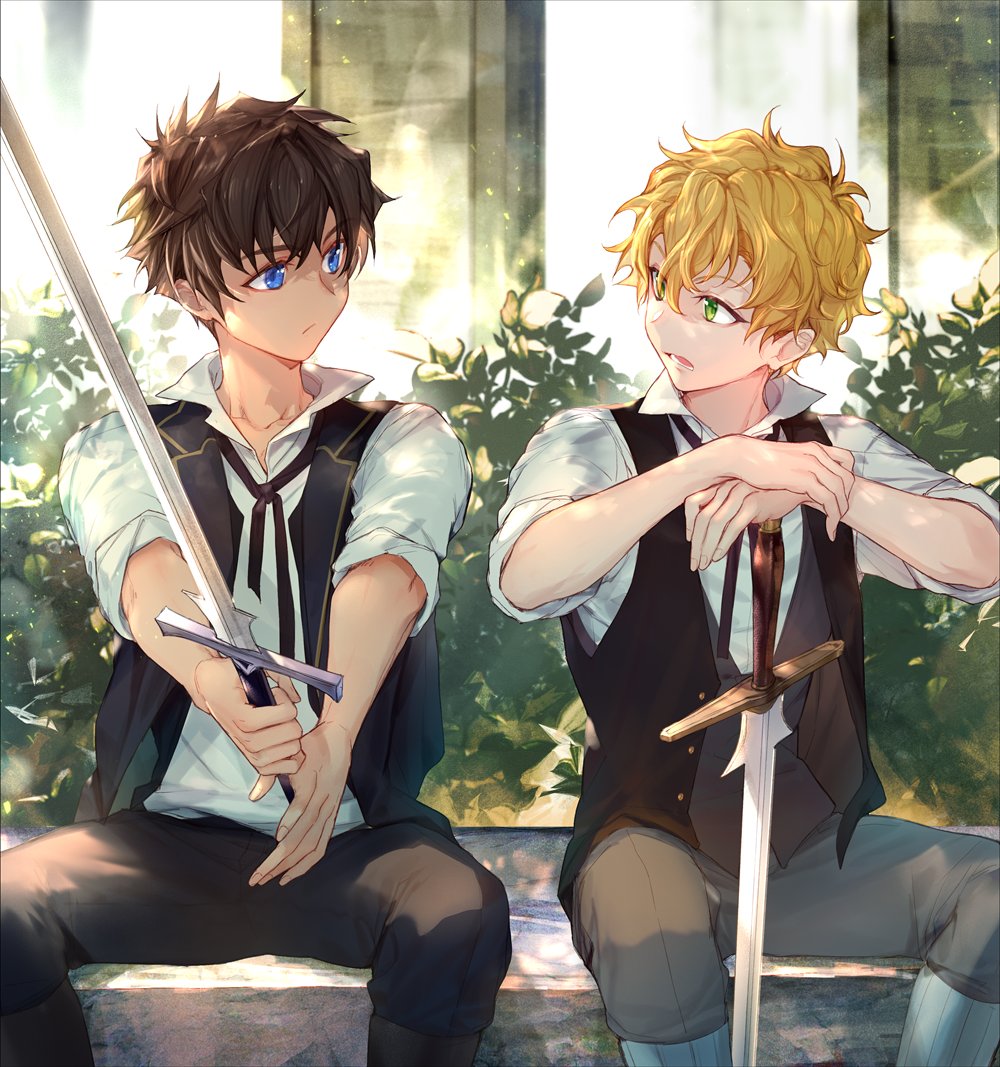 2boys, achan_(blue_semi), arm_rest, black_hair, black_pants, black_ribbon, black_vest, blonde_hair