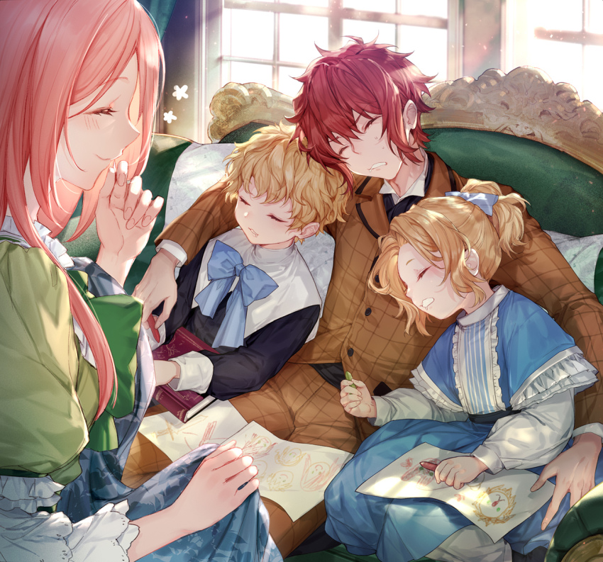 2boys, 2girls, ^_^, achan_(blue_semi), arm_on_another's_shoulder, black_footwear, black_pants, black_vest