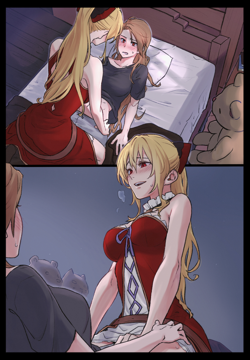 2girls, :d, assertive_female, bare_arms, bed, bedroom, black_bow, black_shirt