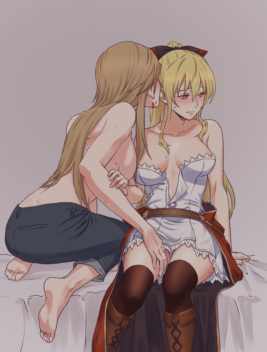 2girls, bare_arms, barefoot, black_bow, black_legwear, black_pants, blonde_hair, blush