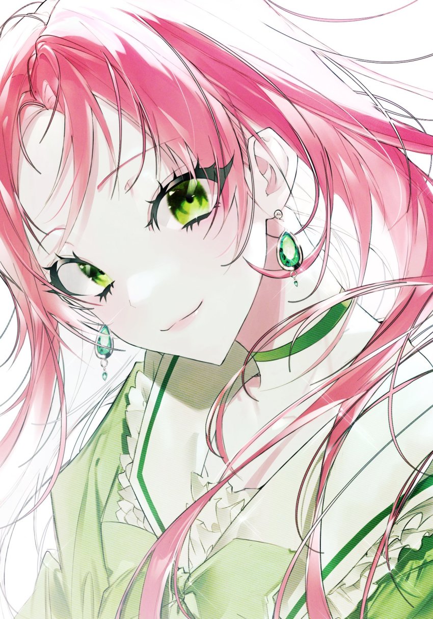 1girl, :3, choker, closed_mouth, dress, earrings, frilled_dress, frills