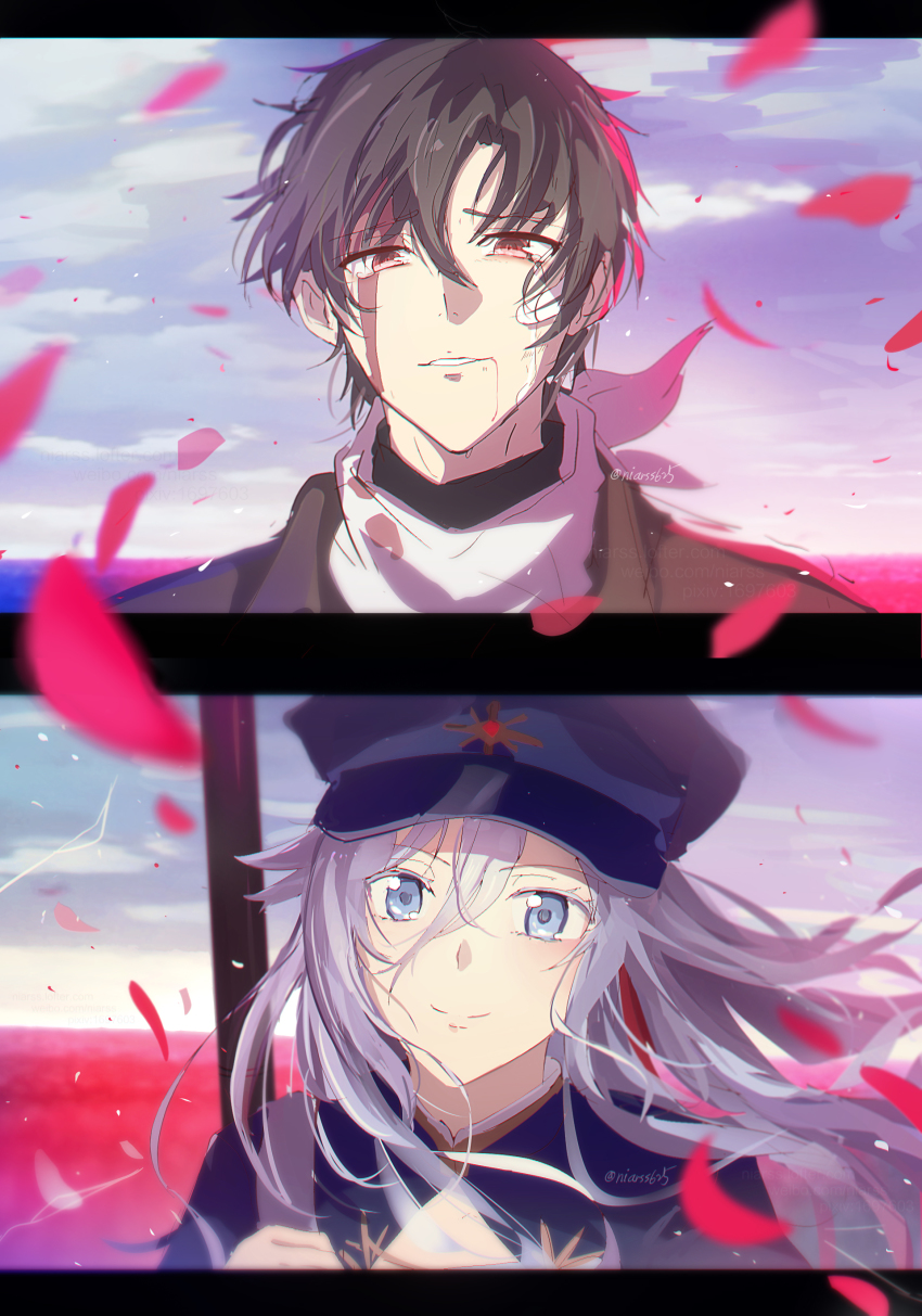 1boy, 1girl, 86_-eightysix-, absurdres, artist_name, bandaid, bandaid_on_face, black_hair, blood, blood_on_face, blue_eyes, blue_headwear, blue_jacket, blush, brown_jacket, closed_mouth, collared_jacket, commentary, framed, gun, hair_between_eyes, hat, highres, jacket, looking_at_viewer, military, military_hat, military_uniform, niarss, outdoors, parted_lips, petals, red_eyes, rifle, scarf, shinei_nouzen, smile, tears, upper_body, vladilena_millize, weapon, white_scarf, wind