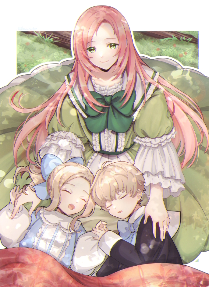 1boy, 2girls, ^_^, black_jacket, blonde_hair, blue_bow, blue_bowtie, bow, bowtie, brother_and_sister, child, closed_eyes, closed_mouth, dress, frilled_dress, frills, green_bow, green_dress, holding_hands, jacket, kh0505, lap_pillow, layered_sleeves, leon_von_neuschwanstein, long_hair, long_sleeves, lying, multiple_girls, on_back, on_side, open_mouth, outside_border, ponytail, puffy_long_sleeves, puffy_sleeves, rachel_von_neuschwanstein, shared_blanket, short_hair, shuri_von_neuschwanstein, siblings, sitting, solo, the_fantasie_of_a_stepmother, twins, under_covers, very_long_hair, wide_sleeves