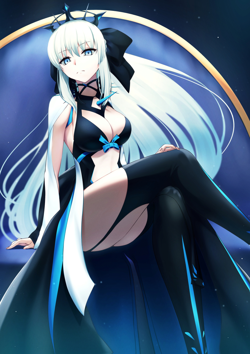 1girl, absurdres, arugou, black_bow, blue_eyes, bow, braid, breasts