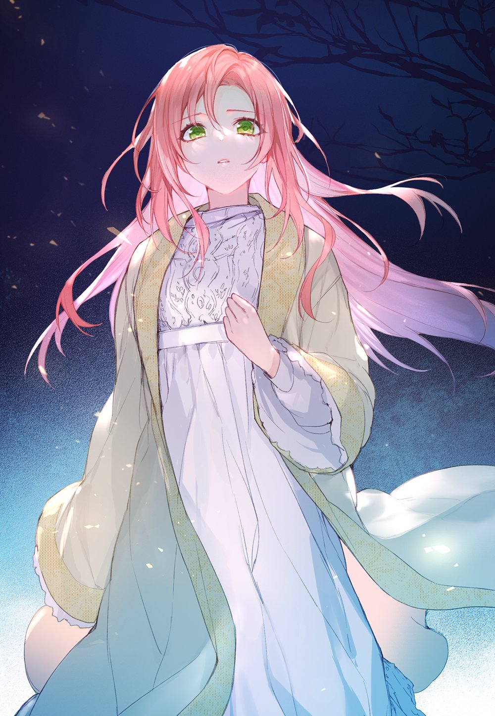 1girl, achan_(blue_semi), bare_tree, blue_background, coat, dress, feet_out_of_frame, floating_hair, green_eyes, hand_up, highres, long_sleeves, looking_at_viewer, looking_down, night, parted_lips, pink_hair, shuri_von_neuschwanstein, sleepwear, solo, standing, the_fantasie_of_a_stepmother, tree, white_dress, wide_sleeves