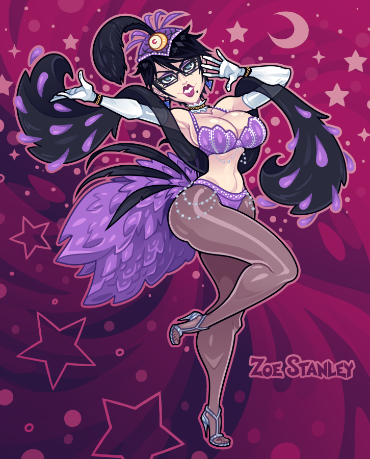 1girl, bayonetta, bayonetta_(series), bayonetta_2, bra, breasts, chain_choker, choker, cleavage, feathers, glasses, jewelry, large_breasts, las_vegas_showgirl, lips, makeup, mole, mole_under_mouth, navel, on_one_leg, panties, pantyhose, purple_bra, purple_lips, purple_panties, sega, standing, tagme, thick_thighs, thighs, underwear, zoe_stanley