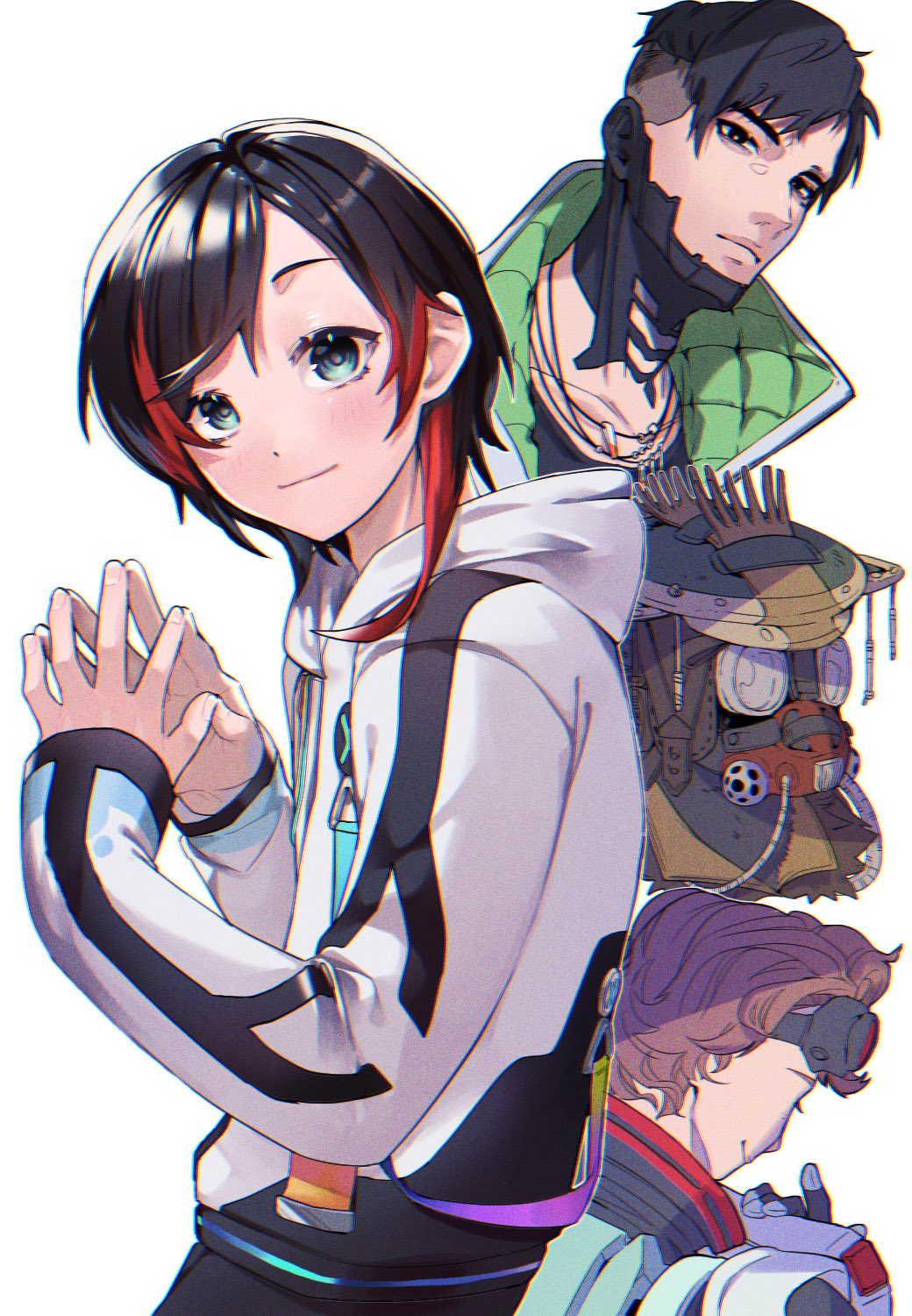 1girl, 1other, 2boys, apex_legends, black_gloves, black_hair, bloodhound_(apex_legends), blue_eyes