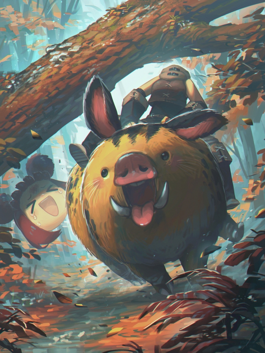 >_<, 1girl, :d, absurdres, boar, commentary, disembodied_head, dullahan, english_commentary, enne_(porforever), fantasy, forest, gloves, highres, nature, open_mouth, original, porforever, red_hair, riding, riding_boar, short_twintails, sleeveless, smile, tears, tusks, twintails