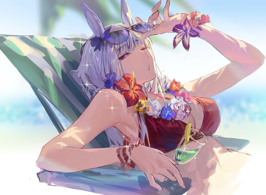 1girl, adjusting_eyewear, bikini, blurry, blurry_background, breasts, chair, cleavage, cup, drinking_glass, flower, flower_wreath, gold_ship_(umamusume), grey_hair, half-closed_eye, hibiscus, highres, holding, holding_cup, hurricane_glass, large_breasts, long_hair, looking_at_viewer, lounge_chair, nashinashi, one_eye_closed, open_mouth, reclining, red_bikini, red_eyes, scrunchie, solo, sparkle, sunglasses, swimsuit, umamusume, upper_body, wrist_scrunchie
