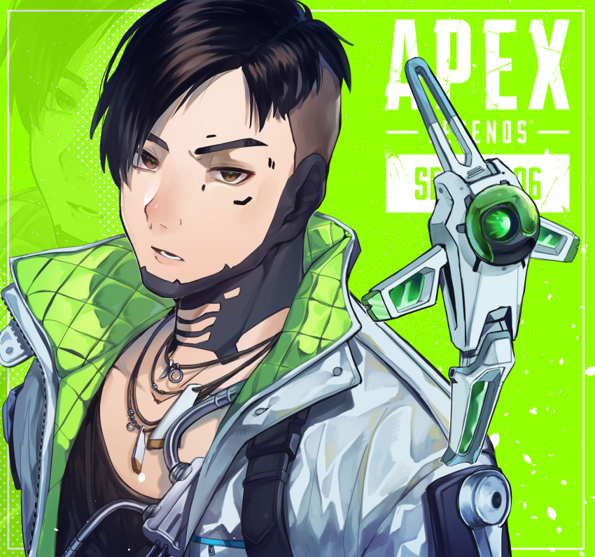 1boy, animification, apex_legends, black_hair, black_shirt, brown_eyes, collarbone, crypto_(apex_legends)