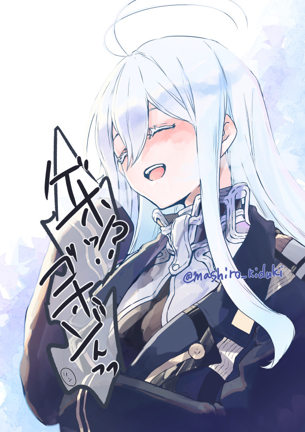 1girl, 86_-eightysix-, ^_^, blue_jacket, blush, cicada_(86_-eighty-six-), closed_eyes, hair_behind_ear, hair_between_eyes, head_tilt, jacket, mashiro_kizuki, pilot_suit, solo, speech_bubble, translation_request, twitter_username, vladilena_millize, white_hair