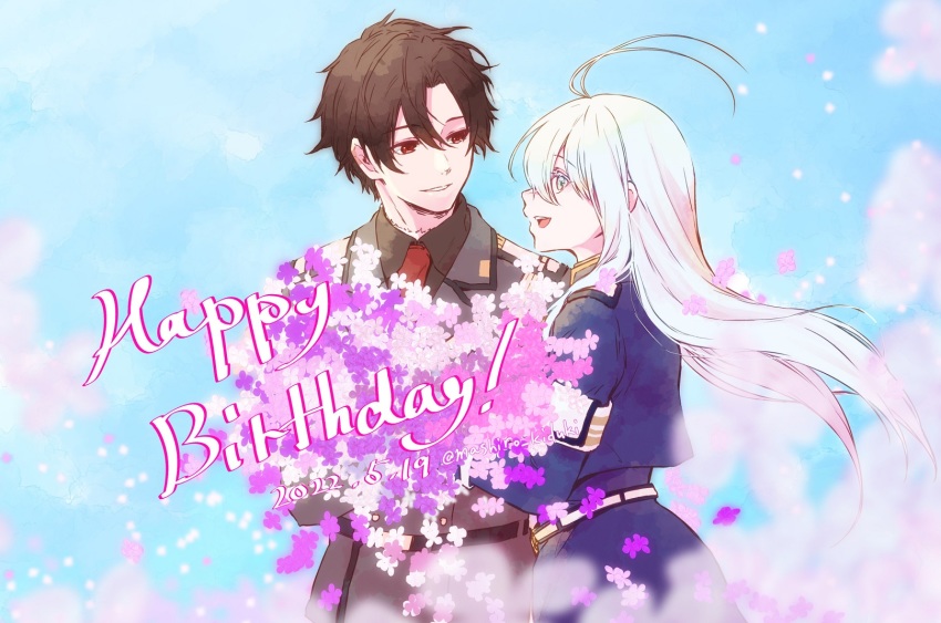 1boy, 1girl, 86_-eightysix-, black_hair, black_shirt, blue_eyes, blue_jacket, blue_skirt