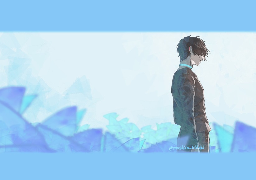 1boy, 86_-eightysix-, black_pants, black_shirt, brown_hair, covered_eyes, from_side, glowing