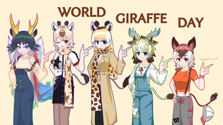 >:), 5girls, :3, absurdres, animal_ears, animal_print, antlers, bare_arms, bare_shoulders, baseball_cap, belt, black_hair, blonde_hair, blue_eyes, blue_hair, brown_eyes, brown_hair, brown_legwear, closed_mouth, coat, english_text, giraffe_ears, giraffe_girl, giraffe_horns, giraffe_tail, grin, hand_on_own_hip, hand_up, hat, unworn_hat, unworn_headwear, height_difference, highres, horns, index_finger_raised, japari_symbol, kemono_friends, kirin_(kemono_friends), long_hair, long_scarf, long_sleeves, looking_at_viewer, masai_giraffe_(kemono_friends), medium_hair, midriff, miniskirt, multicolored_hair, multiple_girls, navel, nijiiro_(graynbow_wolf), off-shoulder_shirt, off_shoulder, official_alternate_costume, okapi_(kemono_friends), okapi_ears, okapi_tail, one_eye_closed, open_clothes, open_coat, overalls, pants, pantyhose, print_scarf, red_hair, reticulated_giraffe_(kemono_friends), scarf, shirt, short_sleeves, simple_background, sivatherium_(kemono_friends), skirt, smile, stomach, strap_slip, suspenders, t-shirt, tail, twitter_username, v-shaped_eyebrows, very_long_hair, white_hair, wristband, yellow_background