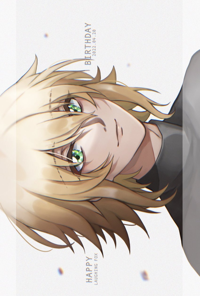 1boy, 86_-eightysix-, black_sweater, blonde_hair, commentary, dated, english_commentary, green_eyes, grey_background, happy_birthday, head_tilt, highres, kuronatoki, looking_at_viewer, male_focus, mixed-language_commentary, portrait, sideways, smile, solo, sweater, thai_commentary, theoto_rikka
