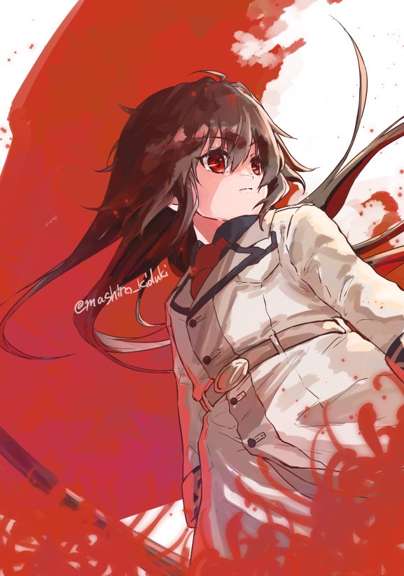 1girl, 86_-eightysix-, black_shirt, brown_hair, collared_shirt, expressionless, floating_hair, frederica_rosenfort, jacket, long_hair, looking_to_the_side, mashiro_kizuki, military, military_uniform, necktie, red_eyes, red_necktie, shirt, solo, twitter_username, white_jacket