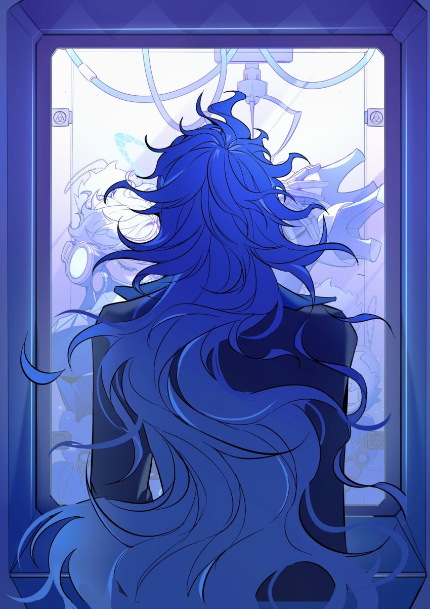 2boys, arcade_cabinet, blue_hair, blue_theme, character_doll, character_name, cibeibugushanx, closed_eyes