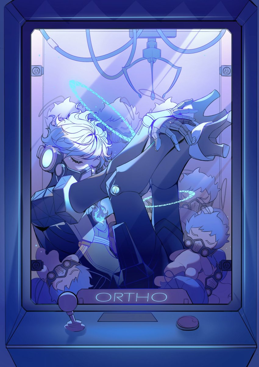 1boy, arcade_cabinet, blue_hair, blue_theme, cable, character_doll, character_name, cibeibugushanx