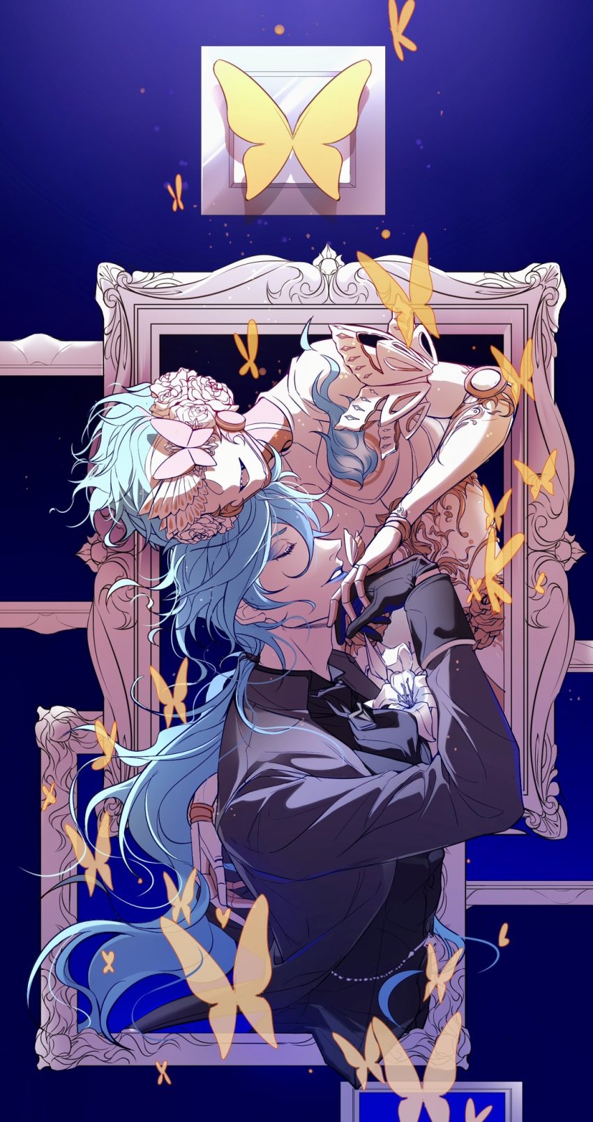 2boys, ascot, black_ascot, black_gloves, black_jacket, black_shirt, blue_background, blue_fire, blue_hair, blue_lips, bug, butterfly, butterfly_ornament, cibeibugushanx, closed_eyes, covered_eyes, eye_mask, eyeshadow, facing_viewer, fire, flock, flower, gloves, hair_flower, hair_ornament, hand_up, headphones, highres, holding_hands, idia_shroud, idia_shroud_(suitor_suit), insect, jacket, joints, leaning_on_person, lily_(flower), long_hair, long_sleeves, low_ponytail, makeup, male_focus, mask, mechabare, multiple_boys, ortho_shroud, ortho_shroud_(fairy_gear), picture_frame, pink_butterfly, ponytail, profile, robot_joints, sharp_teeth, shirt, short_hair, smile, teeth, through_medium, through_painting, through_screen, transparent_butterfly, twisted_wonderland, upper_body, very_long_hair, wavy_hair, white_flower, yellow_butterfly