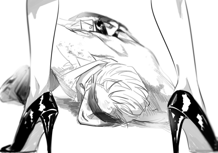 1boy, 1girl, blindfold, bound, bound_wrists, bruise, bruise_on_face, doisoe, greyscale, high_heels, highres, injury, monochrome, smirk, spy_x_family, twilight_(spy_x_family), yor_briar