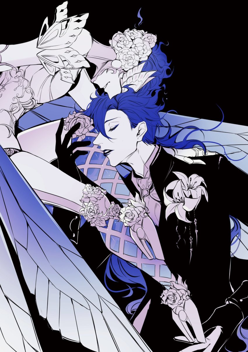 2boys, ankle_lace-up, ascot, black_gloves, black_lips, blue_hair, blue_theme, blue_wings, brothers, cibeibugushanx, closed_eyes, covered_eyes, eye_mask, eyelashes, eyeliner, flower, foot_on_another's_hand, gloves, hair_flower, hair_ornament, hand_on_another's_leg, hand_on_another's_shoulder, headphones, high_heels, highres, idia_shroud, idia_shroud_(suitor_suit), incest, insect_wings, joints, knee_up, lily_(flower), long_hair, long_sleeves, makeup, male_focus, mask, mechabare, multiple_boys, ortho_shroud, ortho_shroud_(fairy_gear), pale_skin, parted_lips, profile, robot_joints, short_hair, siblings, smile, smirk, twisted_wonderland, wavy_hair, wings